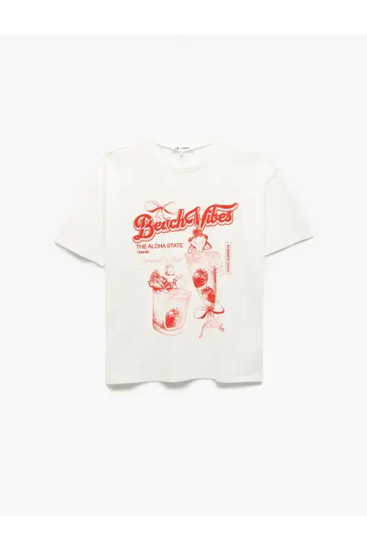 Bow Fruit Print Crew Neck Short Sleeve Oversize T-Shirt - KOTON