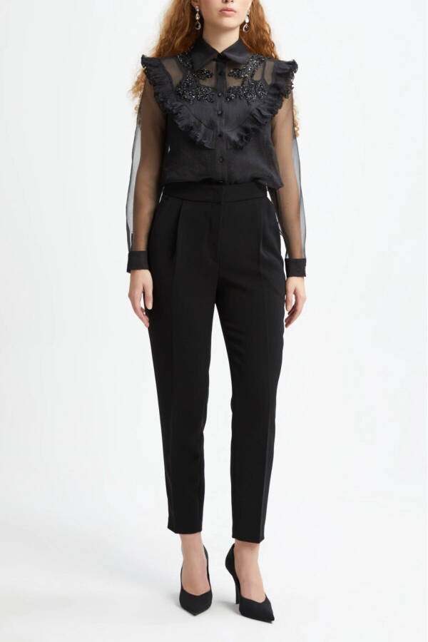 Bow Sleeve Cuff Long Sleeve Black Shirt 39332 - 1