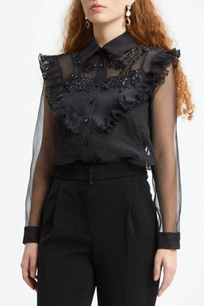Bow Sleeve Cuff Long Sleeve Black Shirt 39332 - 3