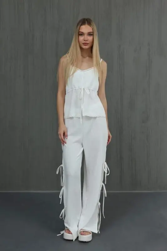 Bow Tie Blouse Set - White - BÜYÜKBEDENIZ