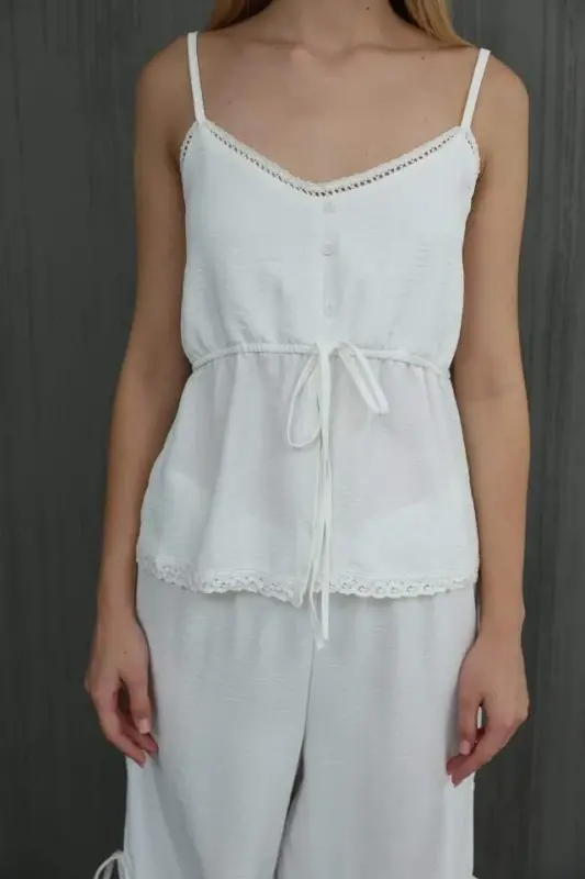 Bow Tie Blouse Set - White - 2