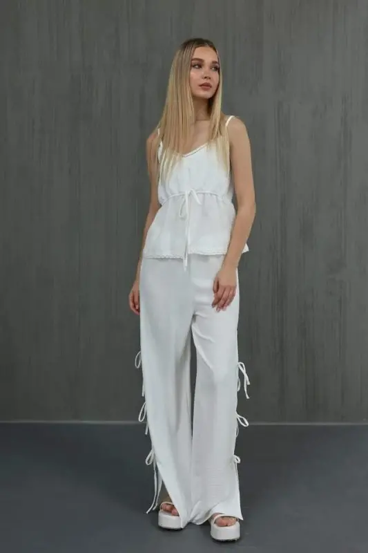 Bow Tie Blouse Set - White - 3