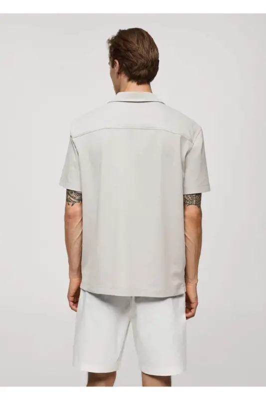 Bowling Collar Cotton Shirt-Gray - 2