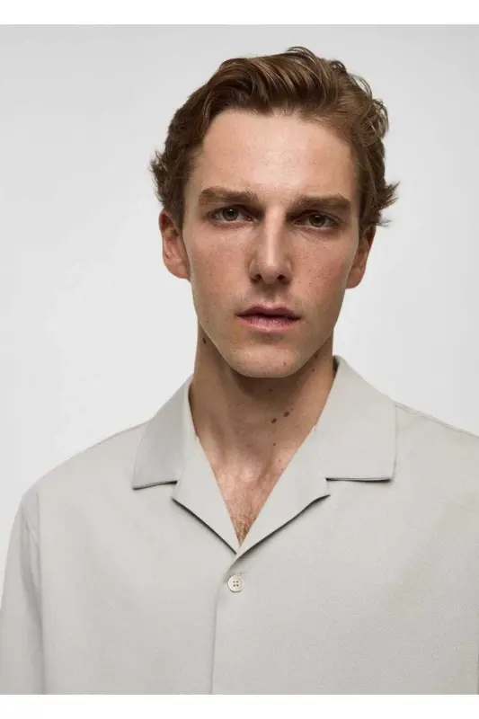 Bowling Collar Cotton Shirt-Gray - 3