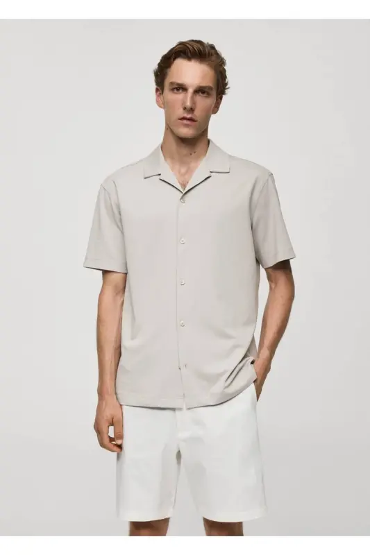 Bowling Collar Cotton Shirt-Gray - 7