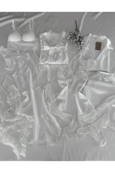 Boxed Giant 12-Piece White Bridal Satin Nightgown Robe Pajama Lingerie Dowry Set - MH MOONY HOMEWEARS