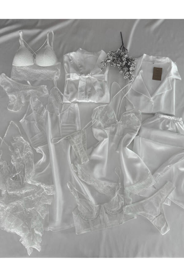 Boxed Giant 12-Piece White Bridal Satin Nightgown Robe Pajama Lingerie Dowry Set - 1