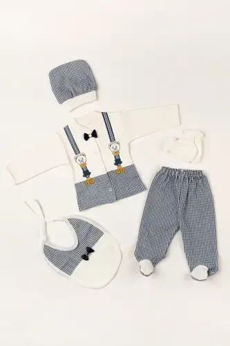 (BOXED) Newborn Clothes Bow Tie Navy Blue Baby Clothes 5 Piece Hospital Discharge Romper Set - 1
