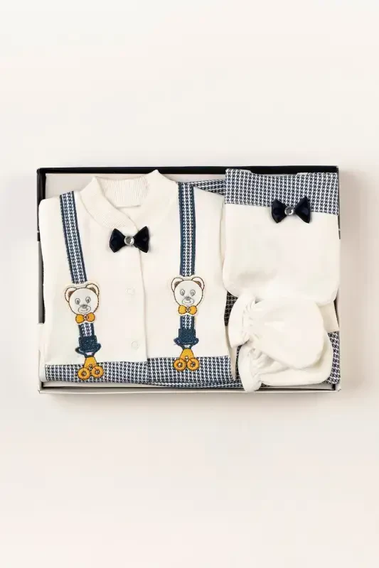 (BOXED) Newborn Clothes Bow Tie Navy Blue Baby Clothes 5 Piece Hospital Discharge Romper Set - 2