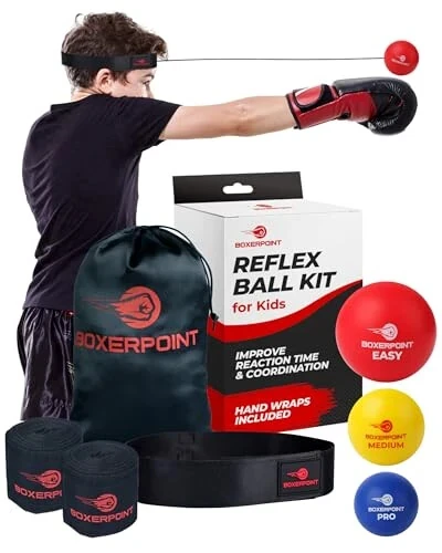 Boxing Reflex Ball for Adults and Kids - React Reflex Balls on String with Headband, Carry Bag and Hand Wraps - Improve Hand Eye Coordination, Punching Speed, Fight Reaction - BOXERPOINT