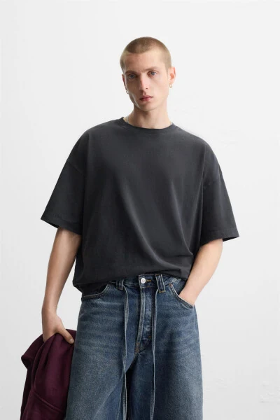 BASIC YIKANMIŞ OVERSIZE TİŞÖRT-Antrasit grisi - 2