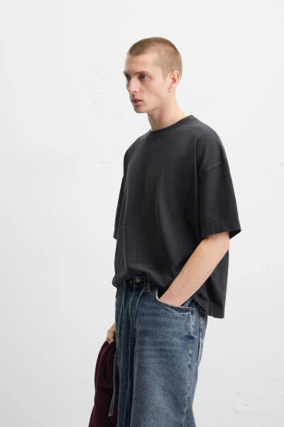 BASIC YIKANMIŞ OVERSIZE TİŞÖRT-Antrasit grisi - 5