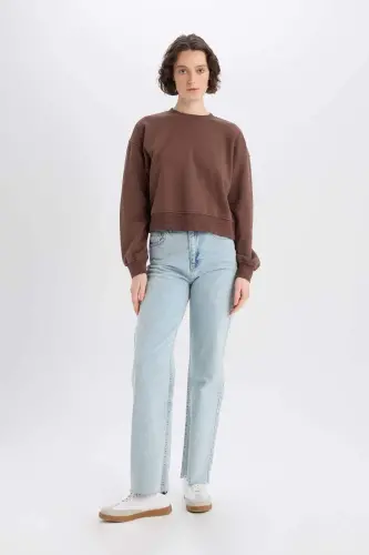 Boxy Fit Crew Neck Basic Plain Thick Sweatshirt-Coffee - DEFACTO (1)