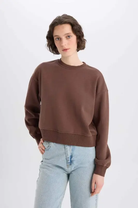 Boxy Fit Crew Neck Basic Plain Thick Sweatshirt-Coffee - 3