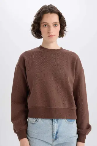 Boxy Fit Crew Neck Basic Plain Thick Sweatshirt-Coffee - 4