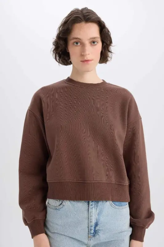 Boxy Fit Crew Neck Basic Plain Thick Sweatshirt-Coffee - 4
