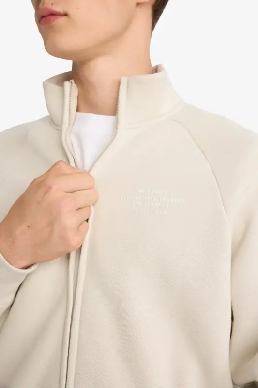 Boxy Fit Dik Yaka Baskılı İçi Yumuşak Tüylü Fermuarlı Sweatshirt-Taş - 5