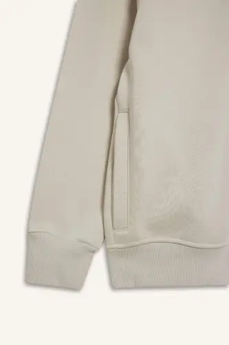 Boxy Fit Dik Yaka Baskılı İçi Yumuşak Tüylü Fermuarlı Sweatshirt-Taş - 8