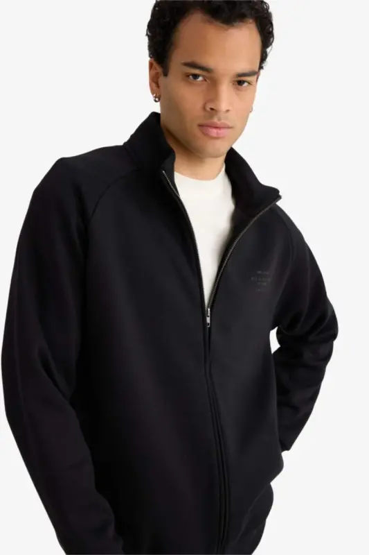 Boxy Fit High Neck Printed Soft Fleece Cardigan-Black - 3