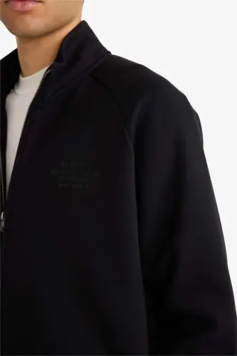 Boxy Fit High Neck Printed Soft Fleece Cardigan-Black - 4