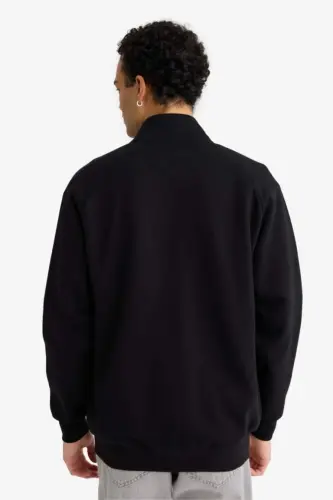 Boxy Fit High Neck Printed Soft Fleece Cardigan-Black - 5