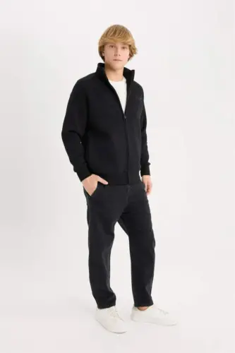 Boxy Fit High Neck Printed Soft Fleece Cardigan-Black - 2
