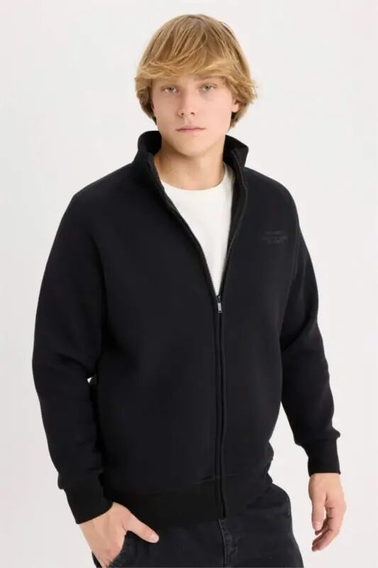Boxy Fit High Neck Printed Soft Fleece Cardigan-Black - DEFACTO