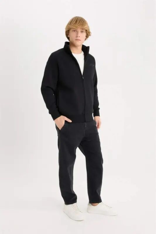 Boxy Fit High Neck Printed Soft Fleece Cardigan-Black - 2