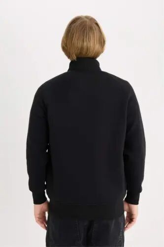 Boxy Fit High Neck Printed Soft Fleece Cardigan-Black - 5