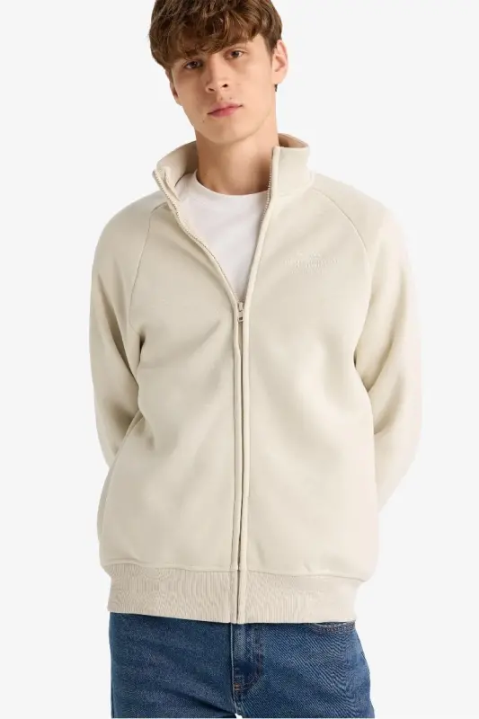 Boxy Fit High Neck Printed Zippered Sweatshirt with Soft Fluffy Interior-Stone - 1