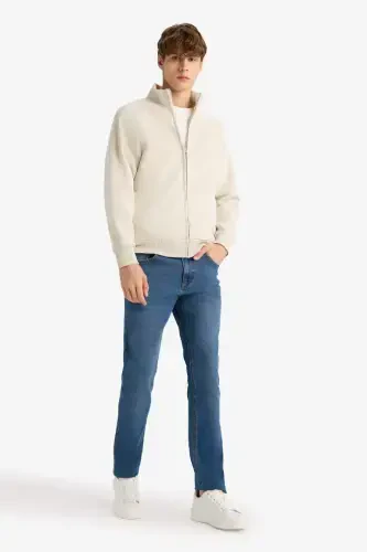 Boxy Fit High Neck Printed Zippered Sweatshirt with Soft Fluffy Interior-Stone - DEFACTO (1)