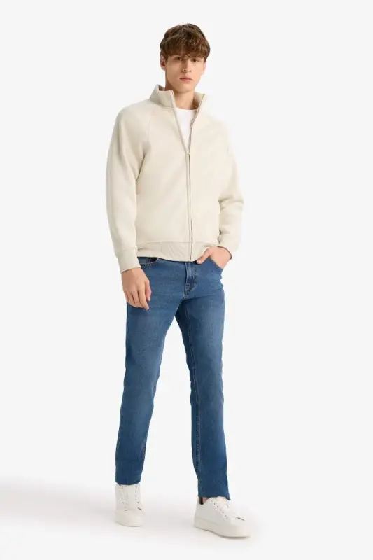 Boxy Fit High Neck Printed Zippered Sweatshirt with Soft Fluffy Interior-Stone - 2