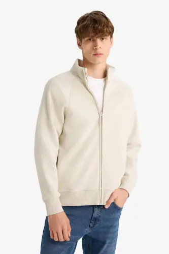 Boxy Fit High Neck Printed Zippered Sweatshirt with Soft Fluffy Interior-Stone - 3