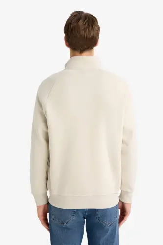 Boxy Fit High Neck Printed Zippered Sweatshirt with Soft Fluffy Interior-Stone - 6