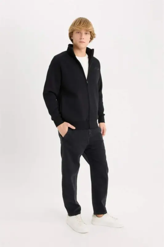 Boxy Fit Высокий воротник с принтом Мягкий пушистый кардиган-черный - 2
