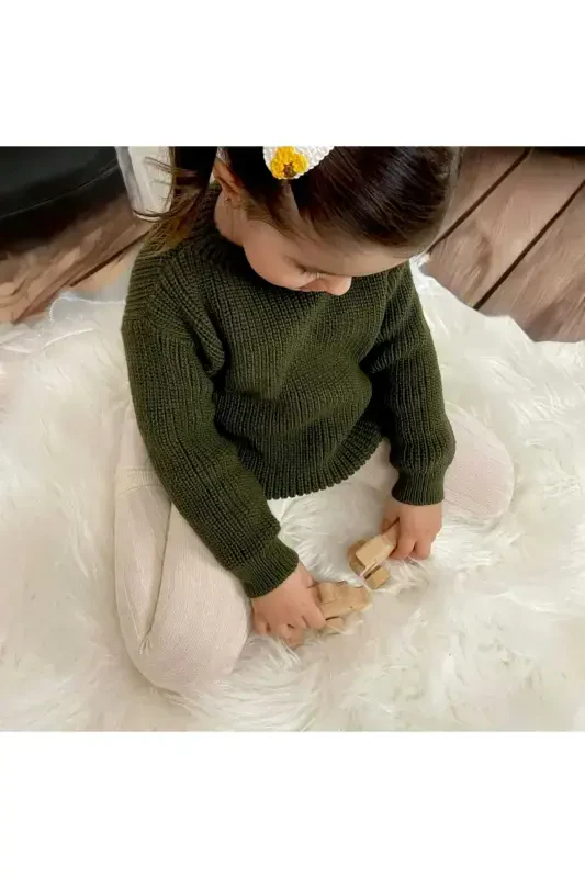 Boy Baby-boy /girl Baby-girl Crew Neck Oversize Knitted Sweater-Khaki - 2