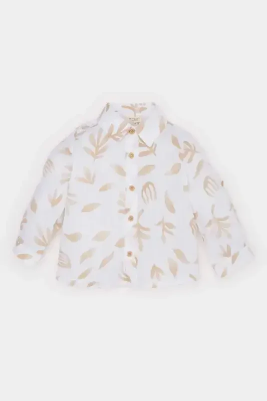 Boy Baby Patterned Flamed Poplin Long Sleeve Shirt-Sand - 1