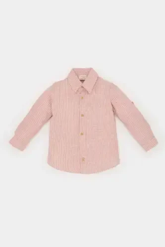 Boy Baby Poplin Long Sleeve Striped Shirt-Light Rose - 1