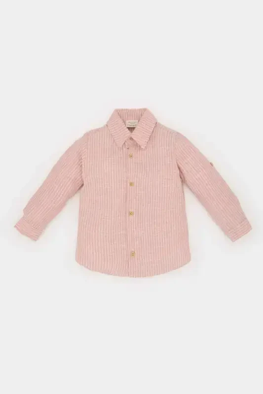 Boy Baby Poplin Long Sleeve Striped Shirt-Light Rose - 1