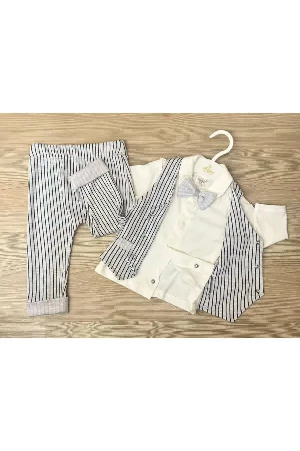 Boy Baby Striped 4-Piece Stylish Suit Set Gray - 2
