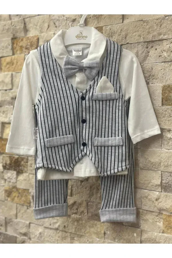 Boy Baby Striped 4-Piece Stylish Suit Set Gray - 3
