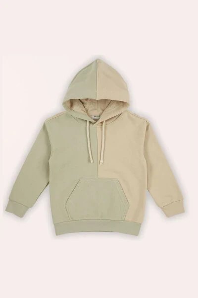 Boy Contrast Panel Hoodie Beige Sweatshirt - PANÇO