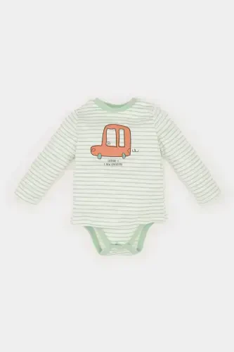 Boy E2456A525SP, Newborn Baby Boy Long Sleeve Snap Button Bodysuit with Vehicle Print on Bicycle Collar - 1