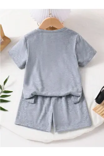 Boy-Girl Child NewYork Cool Bear Printed Knitted Shorts T-Shirt Set-Gray - MORNİNG KİDS (1)