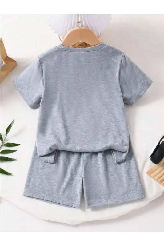 Boy-Girl Child NewYork Cool Bear Printed Knitted Shorts T-Shirt Set-Gray - 2