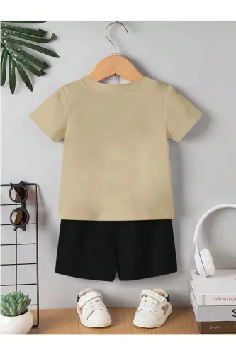 Boy-Girl Kids Beige-Black HAPPY Printed Shorts T-Shirt Set-Beige - MORNİNG KİDS (1)