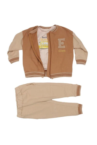 Boy Kids Coffee Beige E Embroidered Varsity Cardigan 3-Piece Set - BEBEGEN