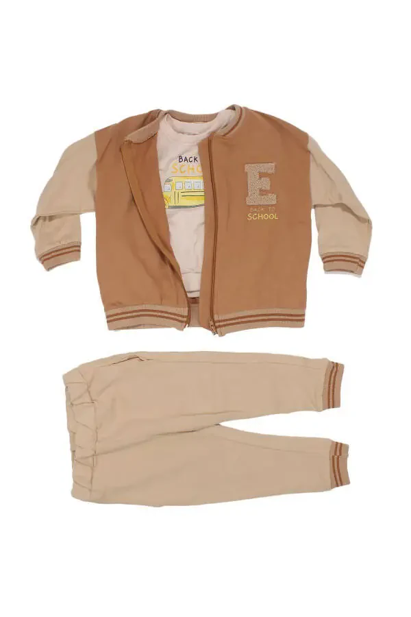 Boy Kids Coffee Beige E Embroidered Varsity Cardigan 3-Piece Set - 1