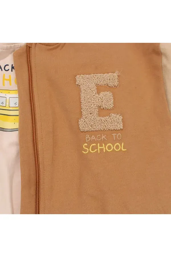 Boy Kids Coffee Beige E Embroidered Varsity Cardigan 3-Piece Set - 2