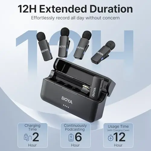 BOYA BY-V4 Wireless Microphones for Cameras DSLR Camcorder with Charging case, 12H Battery Life, 650ft Range, 4-Channel Omnidirectional Noise Canceling Lavalier Mic for Live Streaming Vlog - BOYA (1)